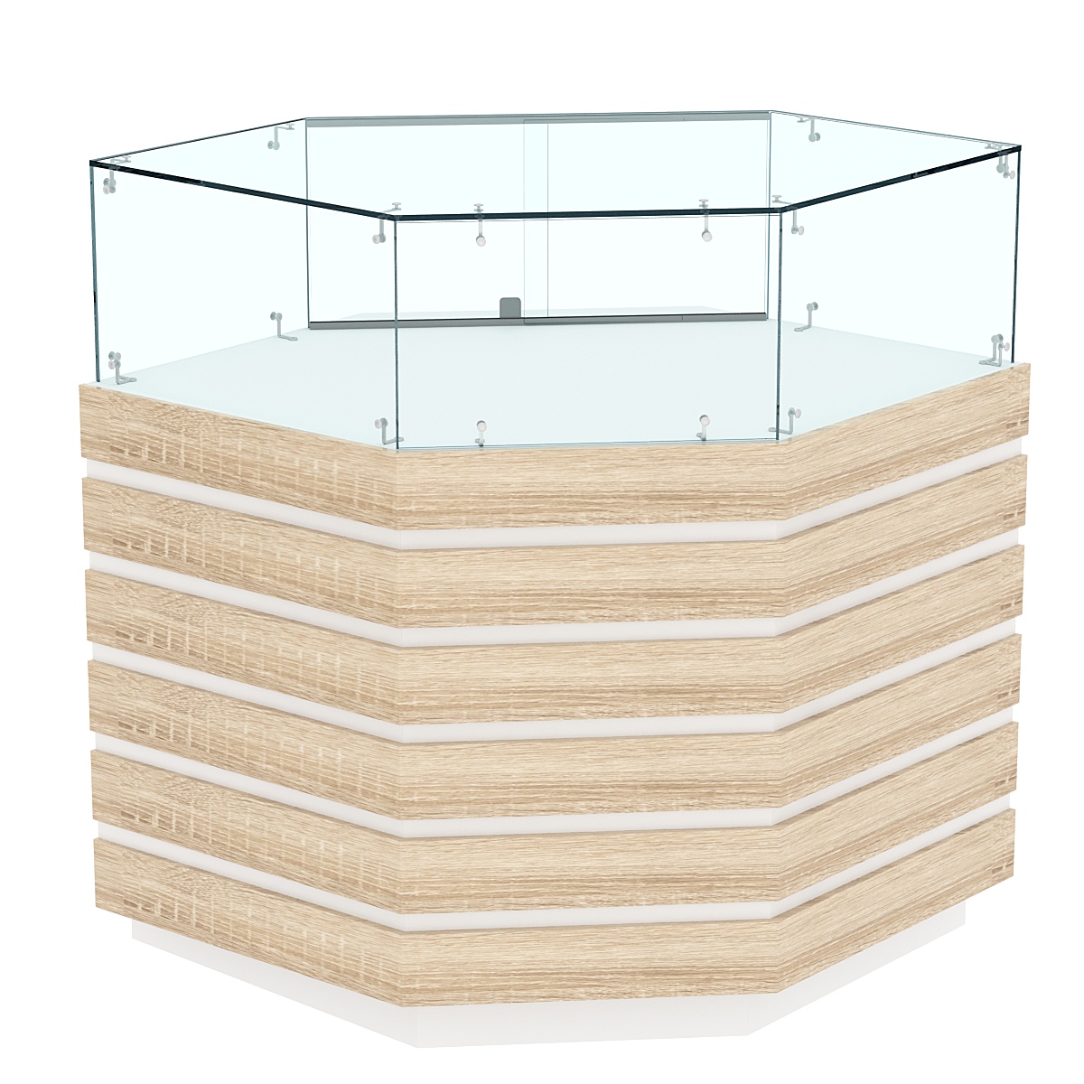 Торговый прилавок угловой с низкой витриной и фасадными панелями №14Э-14 Белый + Дуб Сонома