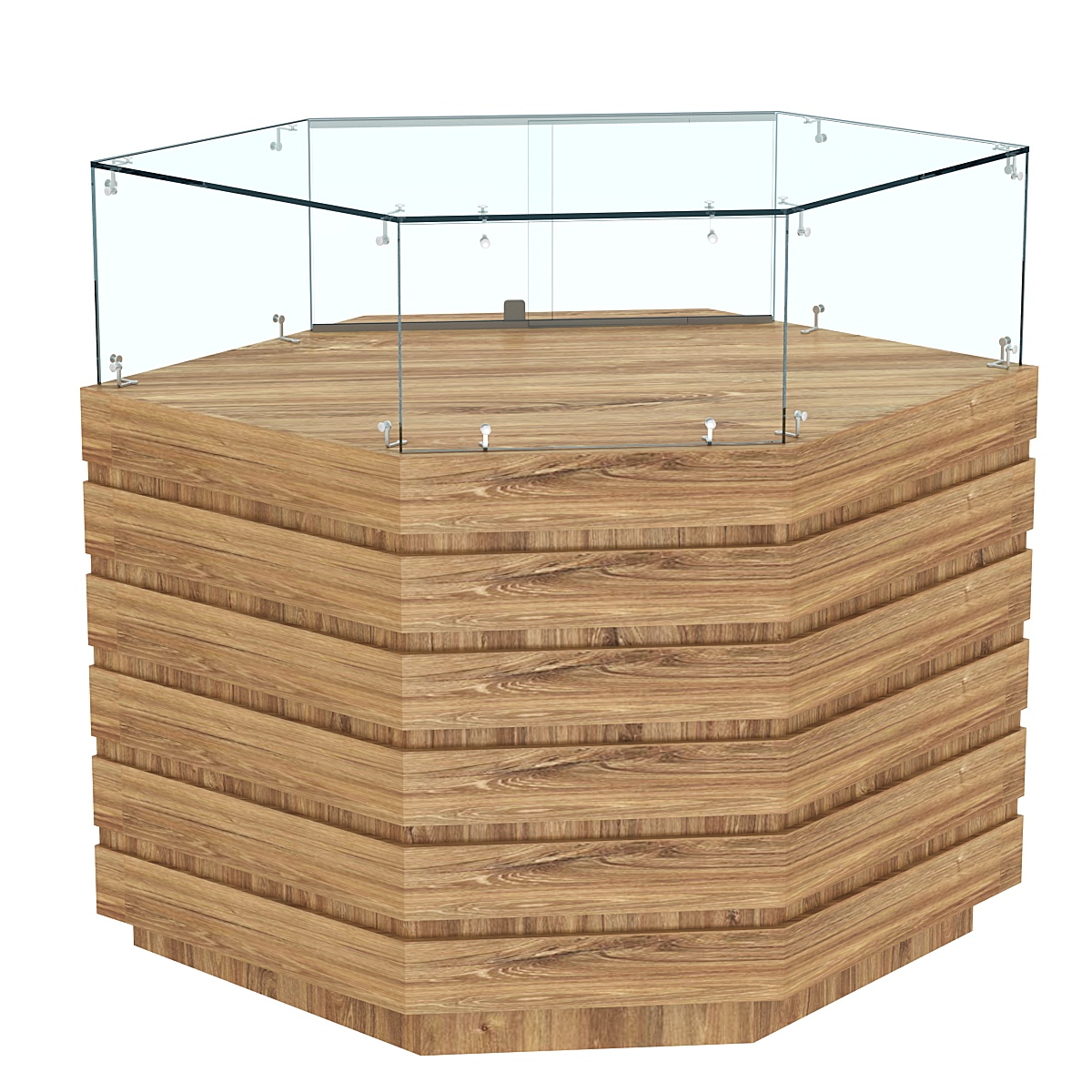 Торговый прилавок угловой с низкой витриной и фасадными панелями №14Э-14 Дуб канзас коричневый Н1113 ST10