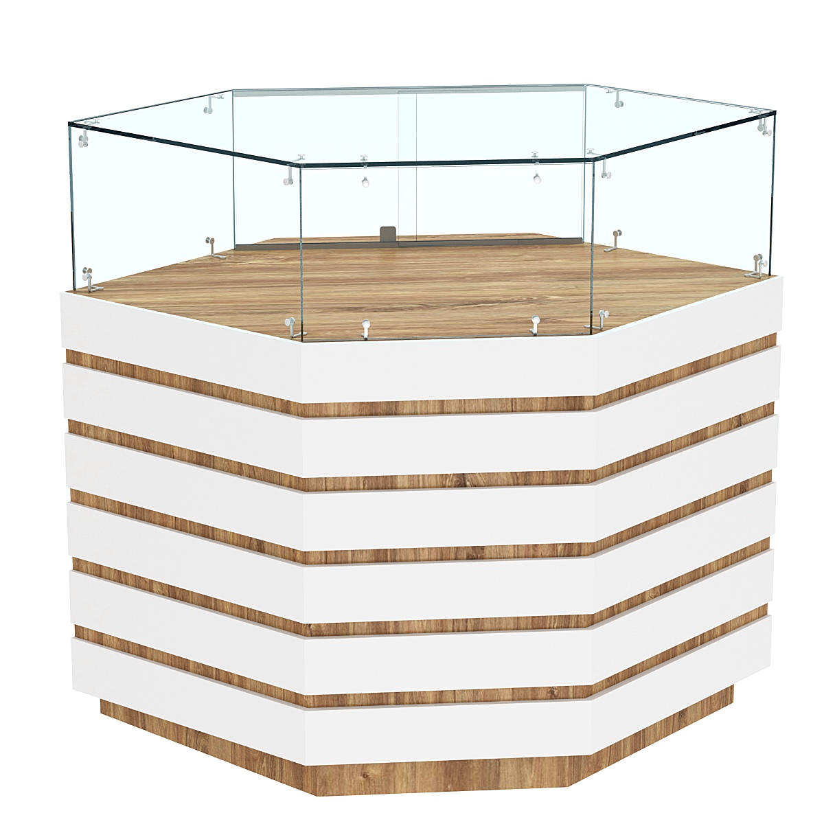 Торговый прилавок угловой с низкой витриной и фасадными панелями №14Э-14 Дуб Канзас коричневый + Белый