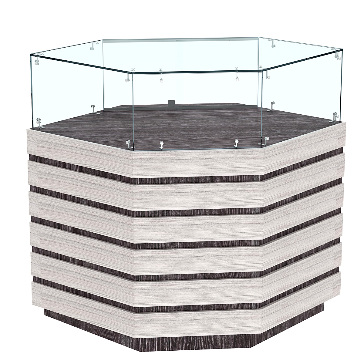 Торговый прилавок угловой с низкой витриной и фасадными панелями №14Э-14 Ясень Анкор темный + Ясень Анкор светлый