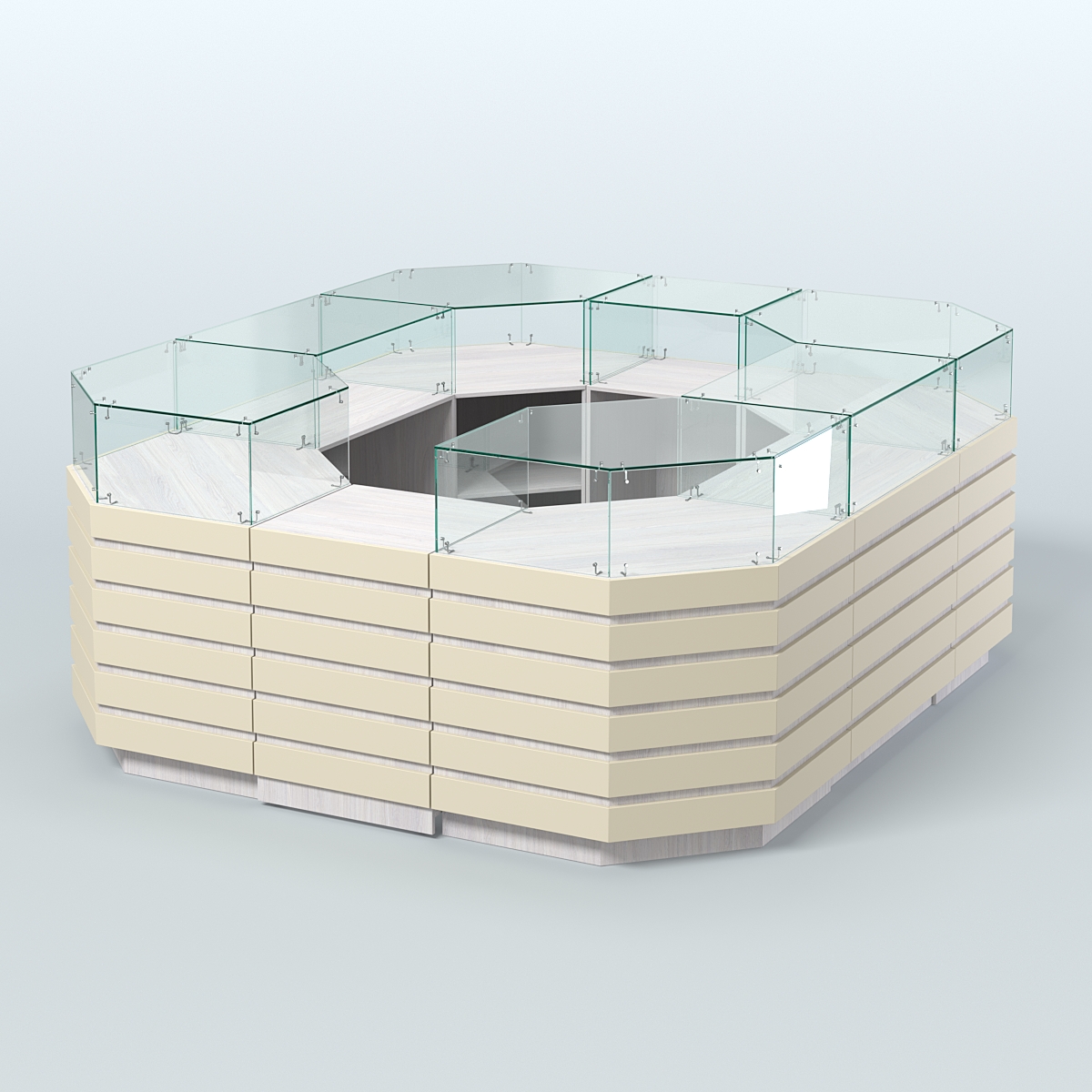 Торговый островок с декоративными накладками №1 равносторонний (6,48 кв.м) Ясень Анкор светлый и Крем Вайс