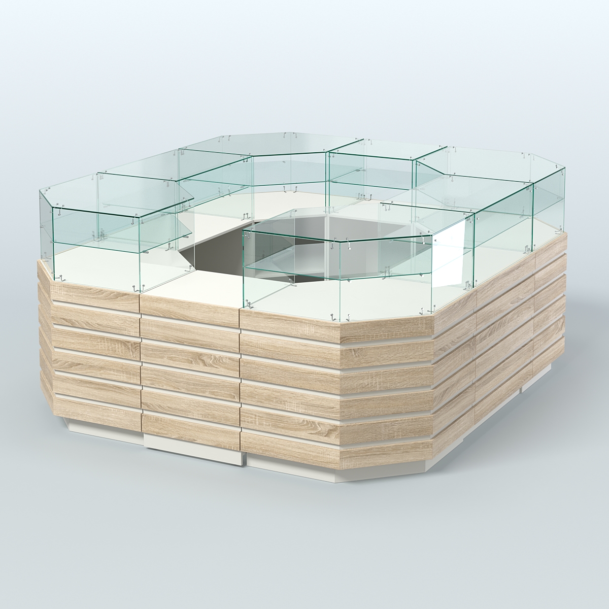 Торговый островок с декоративными накладками №2 восьмиугольный (6,48 кв.м) Белый + Дуб Сонома