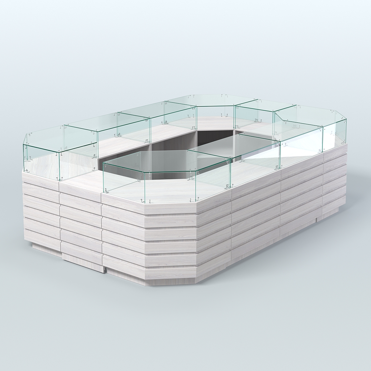 Торговый островок с высоким накопителем и декоративными накладками №3 (8, 64 кв.м) Ясень Анкор светлый