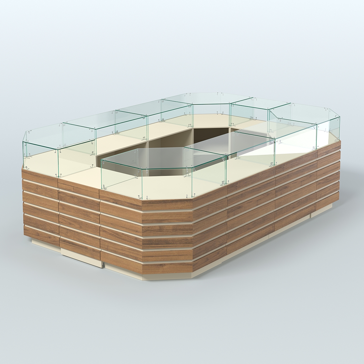 Торговый островок с высоким накопителем и декоративными накладками №3 (8, 64 кв.м) Крем Вайс + Орех