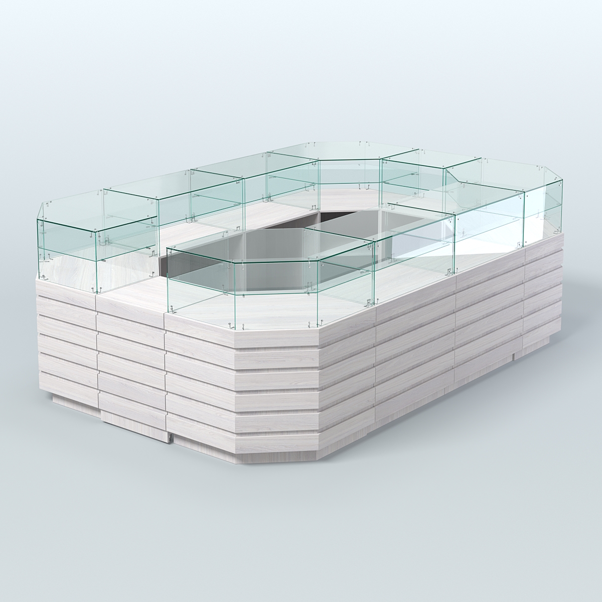 Торговый островок со стеклянным верхом и декоративными накладками №4 (8, 64 кв.м) Ясень Анкор светлый