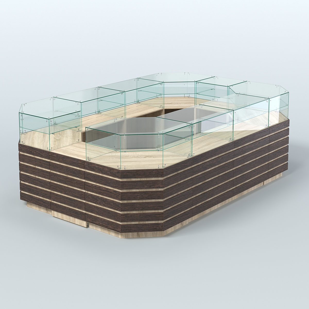 Торговый островок со стеклянным верхом и декоративными накладками №4 (8, 64 кв.м) Дуб Сонома + Дуб Венге