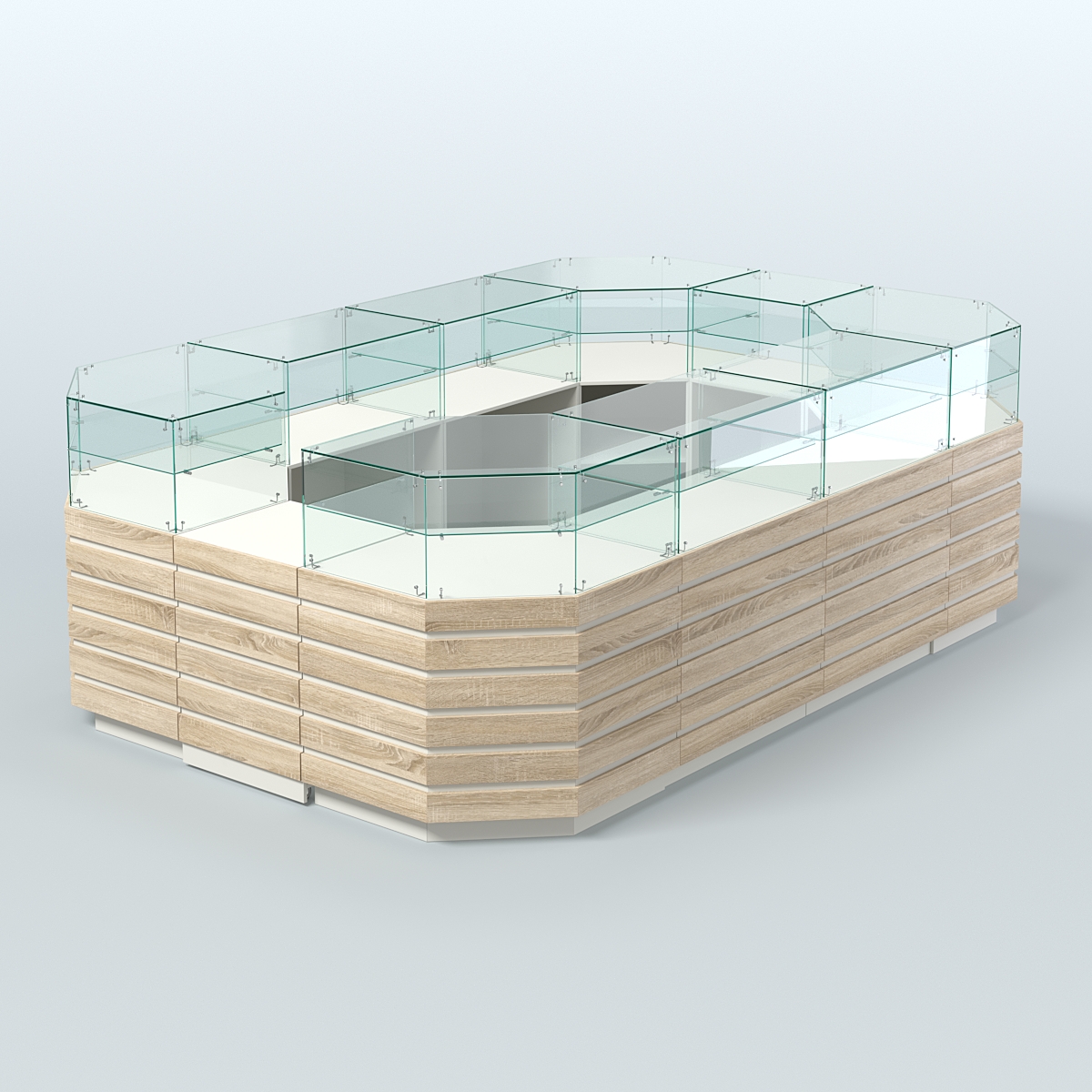 Торговый островок со стеклянным верхом и декоративными накладками №4 (8, 64 кв.м) Белый + Дуб Сонома