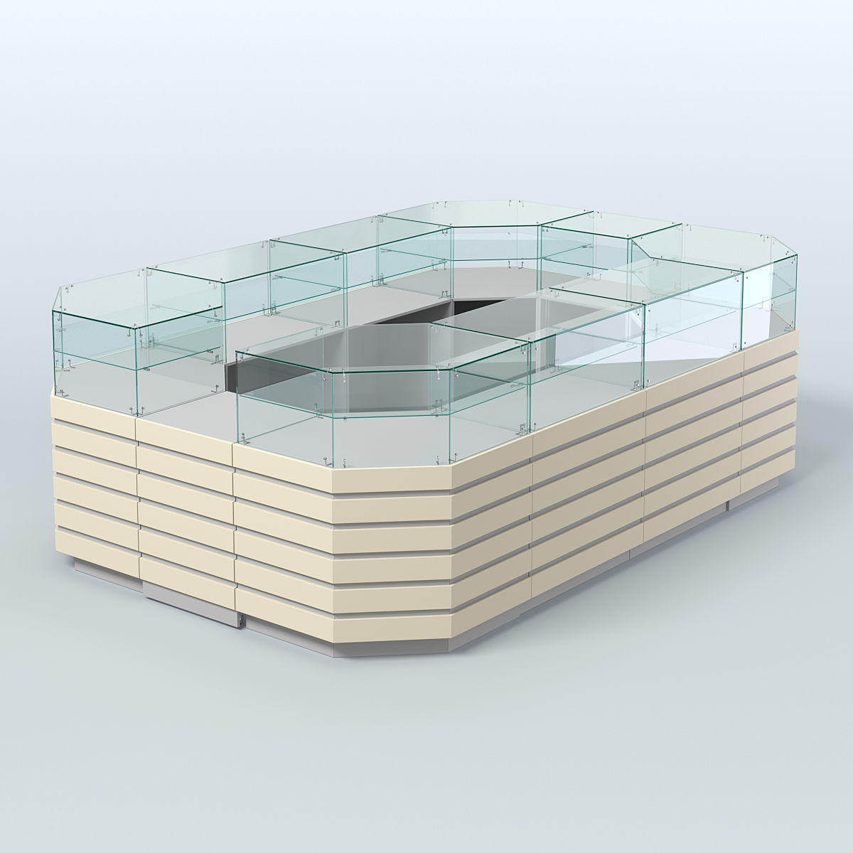 Торговый островок со стеклянным верхом и декоративными накладками №4 (8, 64 кв.м) Серый + Крем Вайс