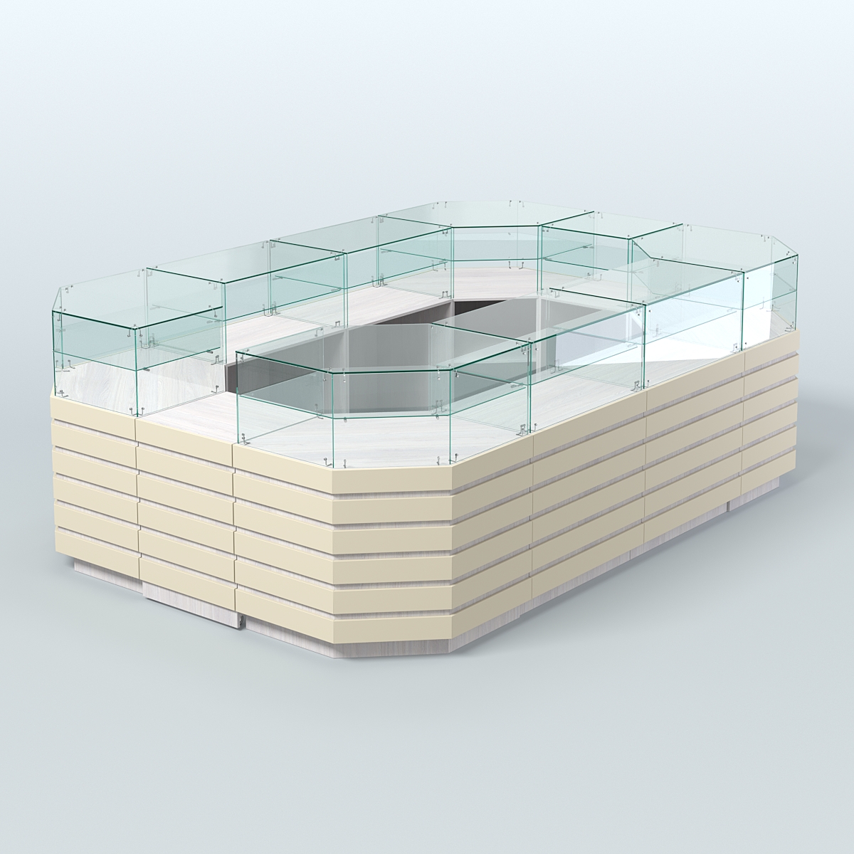 Торговый островок со стеклянным верхом и декоративными накладками №4 (8, 64 кв.м) Ясень Анкор светлый и Крем Вайс