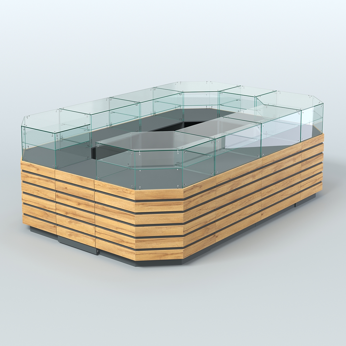 Торговый островок со стеклянным верхом и декоративными накладками №4 (8, 64 кв.м) Темно-Серый  + Дуб Золотистый