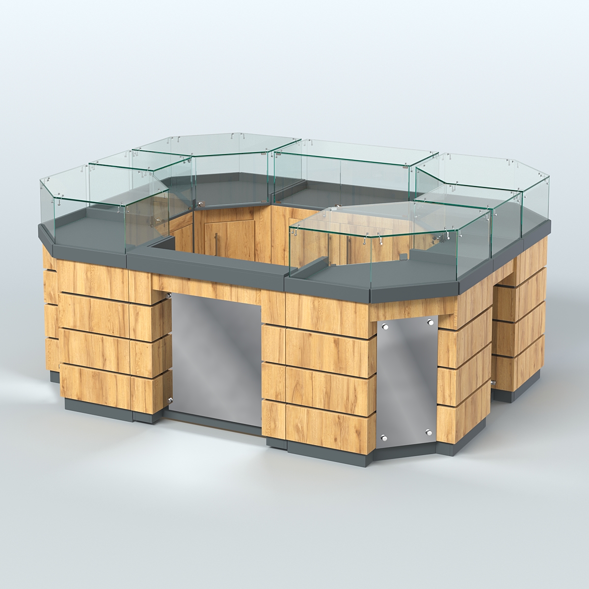 Торговый островок GOLD с зеркальным фасадом и дверками №3-1 (4,94 кв.м) Темно-Серый  + Дуб Золотистый