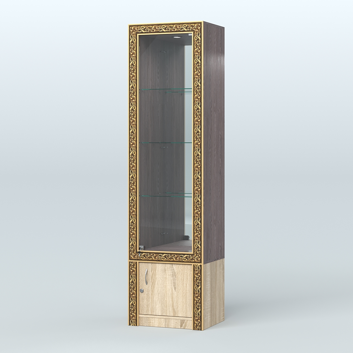 Витрина зеркальная с декором №ВБА-4 Ясень Анкор темный и Дуб Сонома