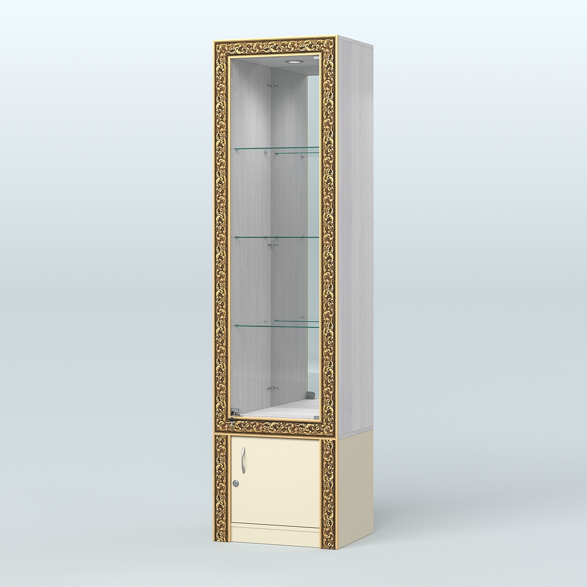 Витрина зеркальная с декором №ВБА-4 Ясень Анкор светлый и Крем Вайс