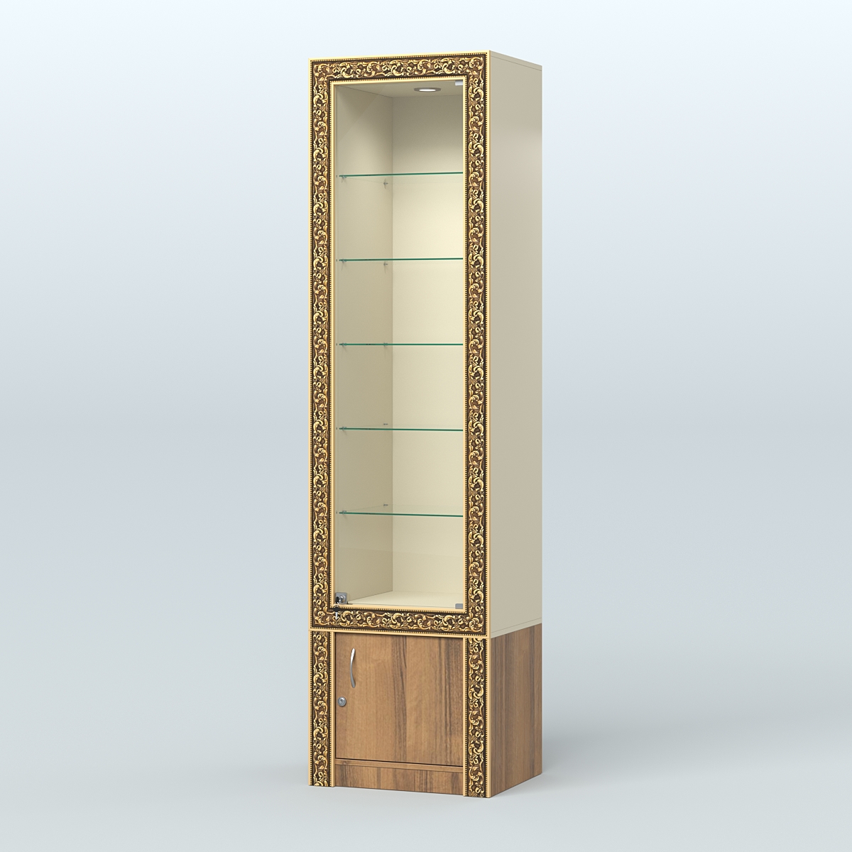 Витрина с декором и пятью прозрачными полками №ВБА-502 Крем Вайс + Орех