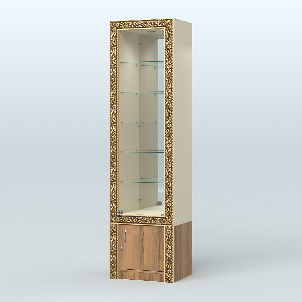 Витрина с декором и верхней подсветкой №ВБА-504 Крем Вайс + Орех