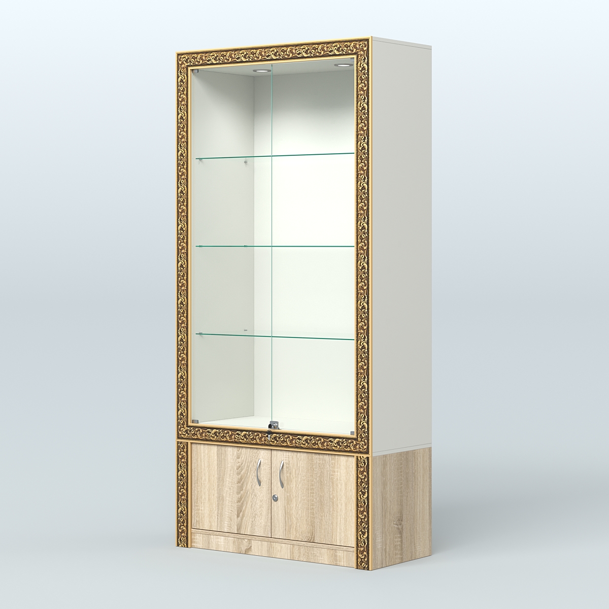 Витрина с декором и дверками №ВБА-1 Белый + Дуб Сонома