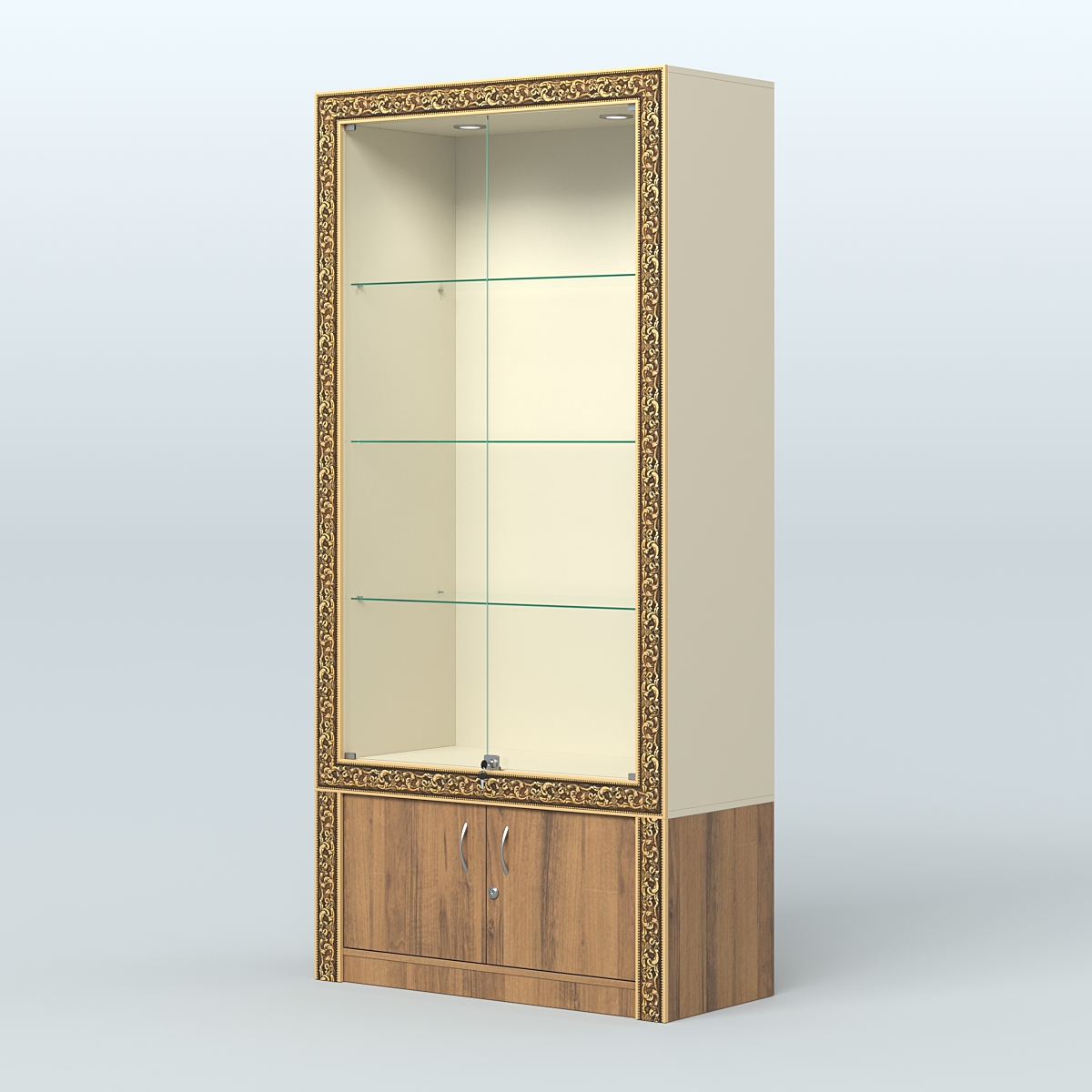Витрина с декором и дверками №ВБА-1 Крем Вайс + Орех