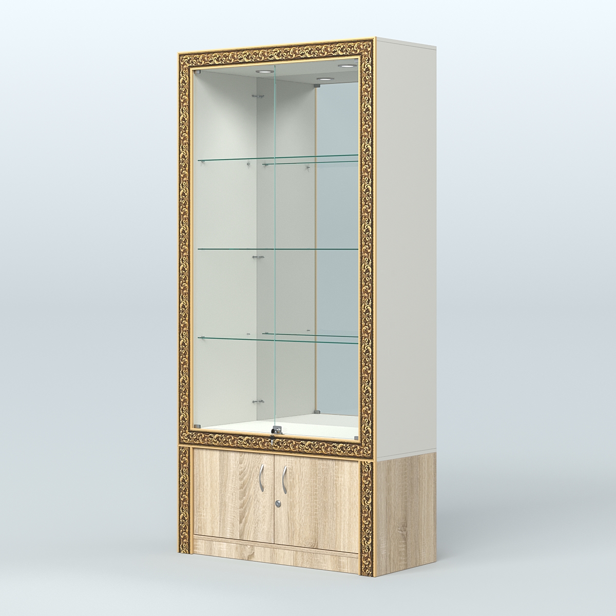 Витрина с декором и зеркалом №ВБА-3 Белый + Дуб Сонома