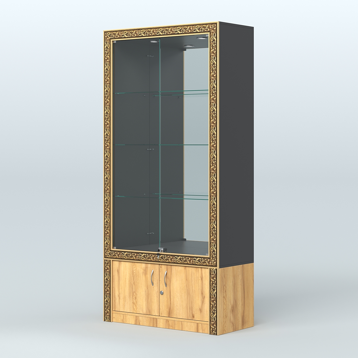 Витрина с декором и зеркалом №ВБА-3 Черный и Дуб Золотистый U1148