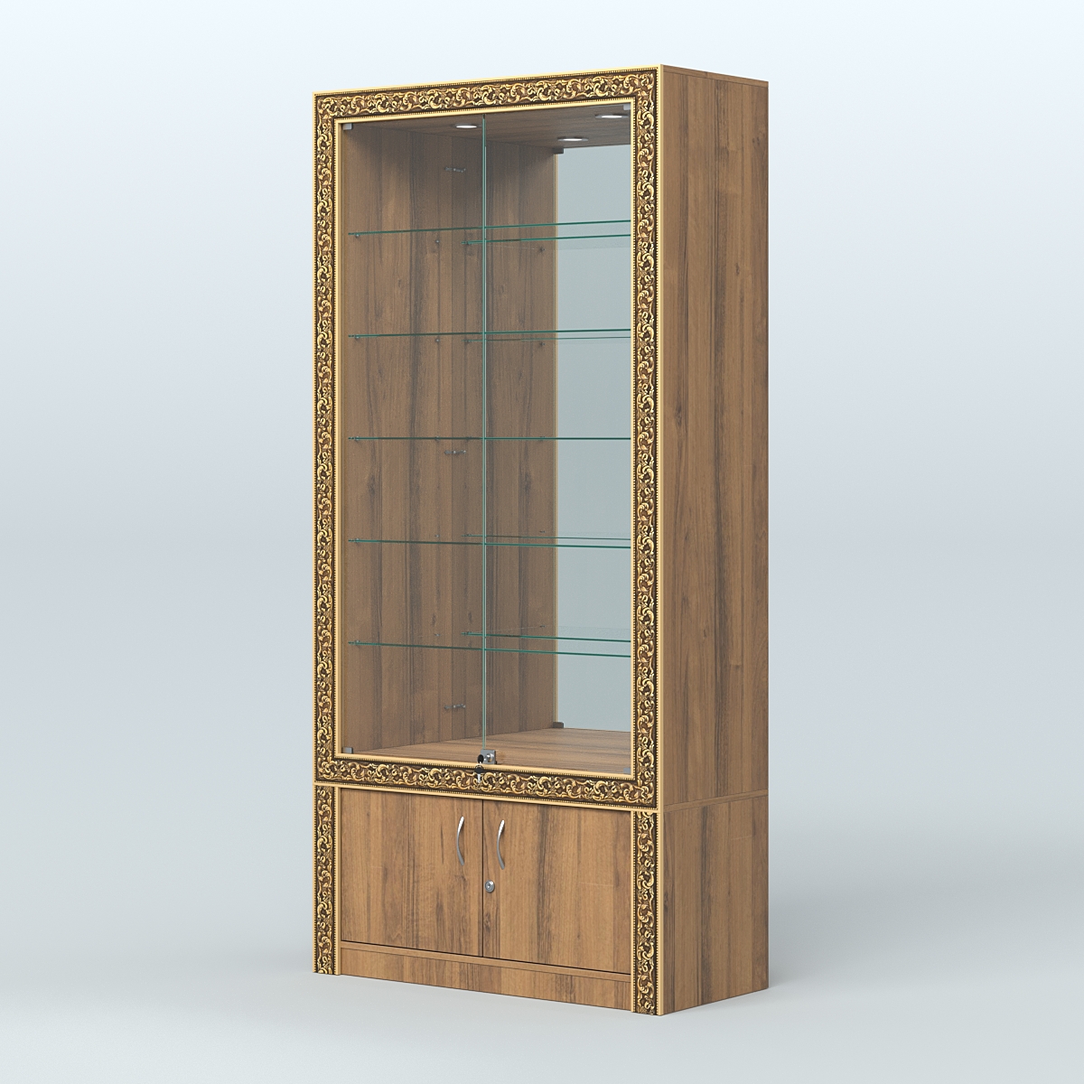 Витрина с декором и замками  из хрома №ВБА-503 Орех