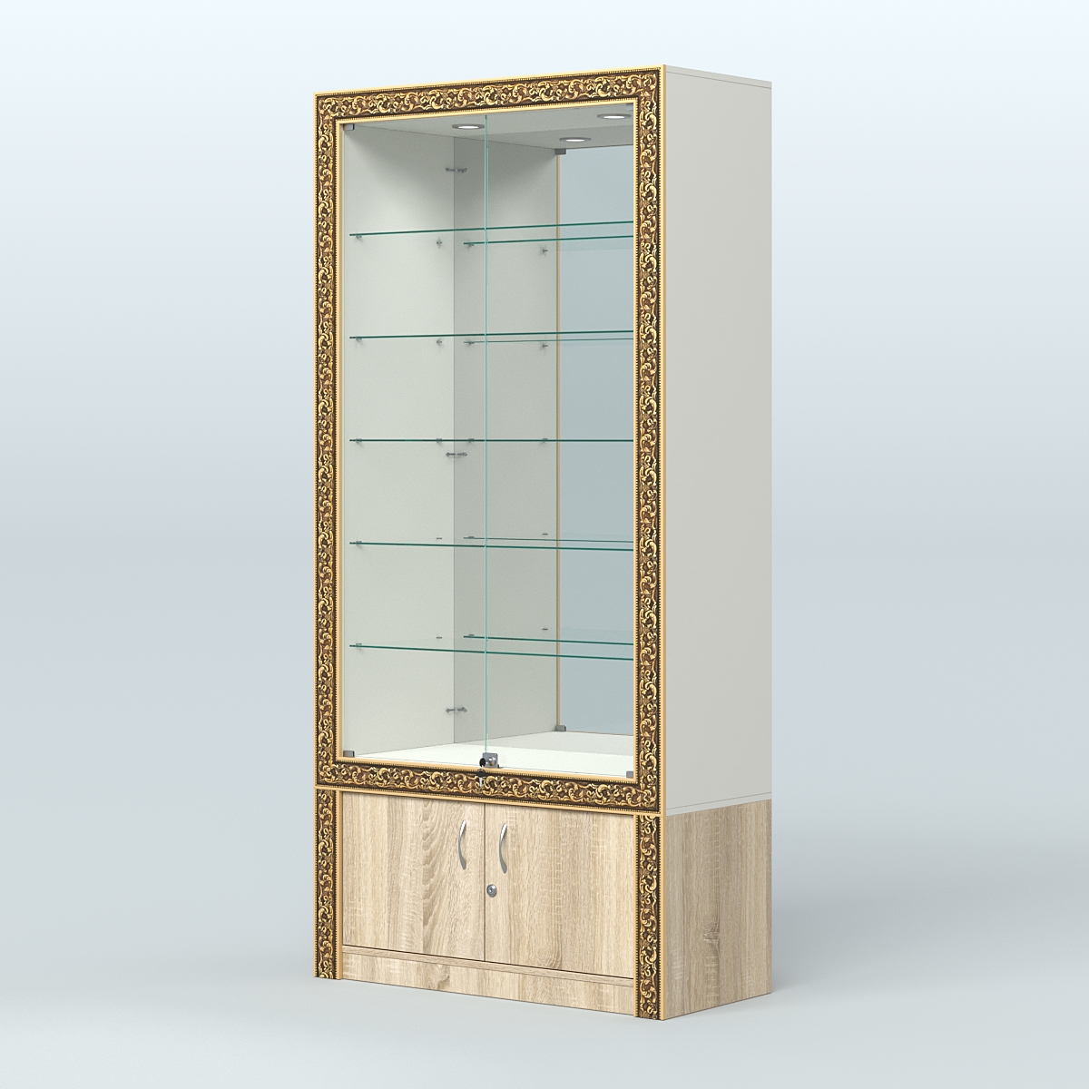 Витрина с декором и замками  из хрома №ВБА-503 Белый + Дуб Сонома