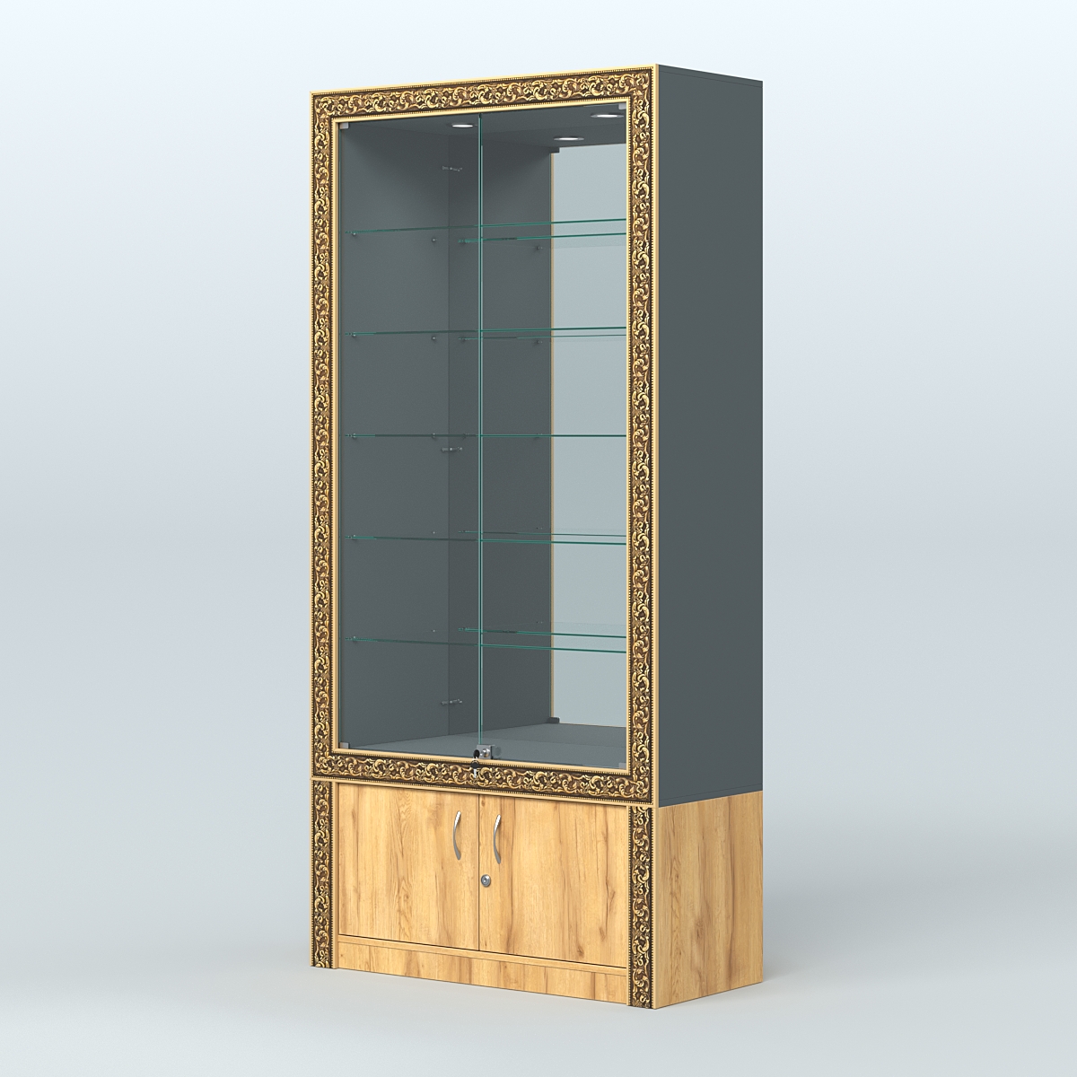 Витрина с декором и замками  из хрома №ВБА-503 Темно-Серый  + Дуб Золотистый