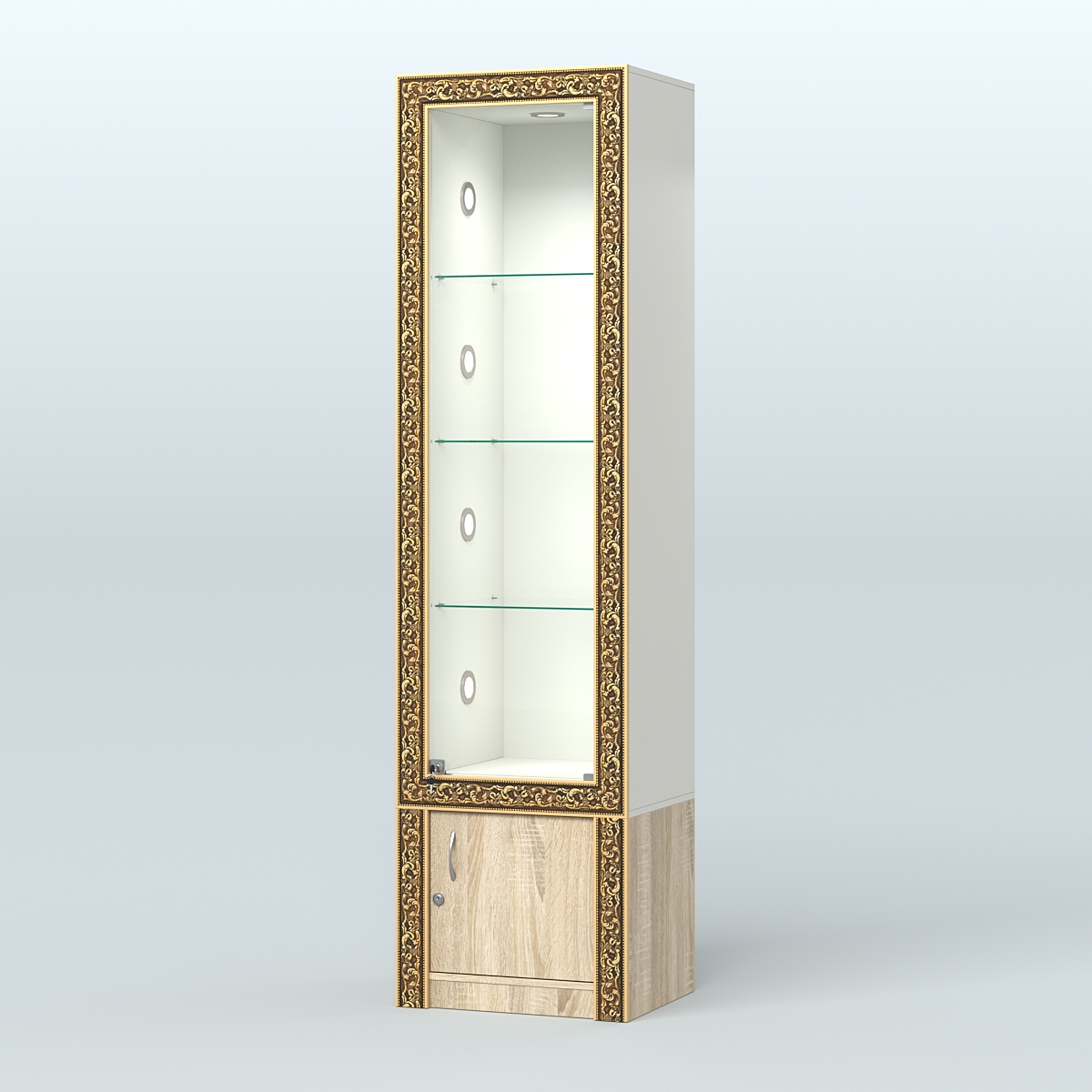 Витрина с декором и накопителем №ВБА-2С Белый + Дуб Сонома