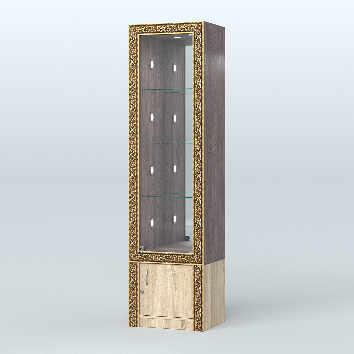 Витрина с декором и диодной подсветкой №ВБА-4С Ясень Анкор темный и Дуб Сонома