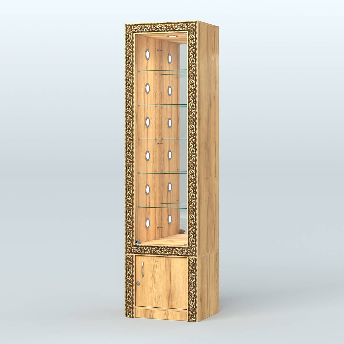 Витрина с декором и стеклянными полками №ВБА-504С Дуб Золотистый