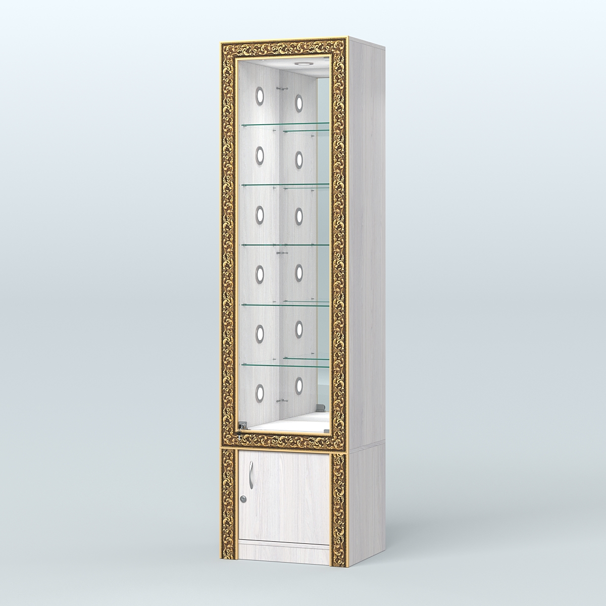 Витрина с декором и стеклянными полками №ВБА-504С Ясень Анкор светлый