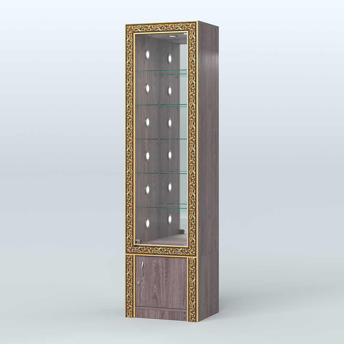 Витрина с декором и стеклянными полками №ВБА-504С Ясень Анкор темный