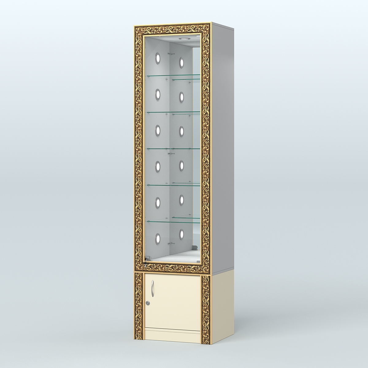 Витрина с декором и стеклянными полками №ВБА-504С Серый + Крем Вайс