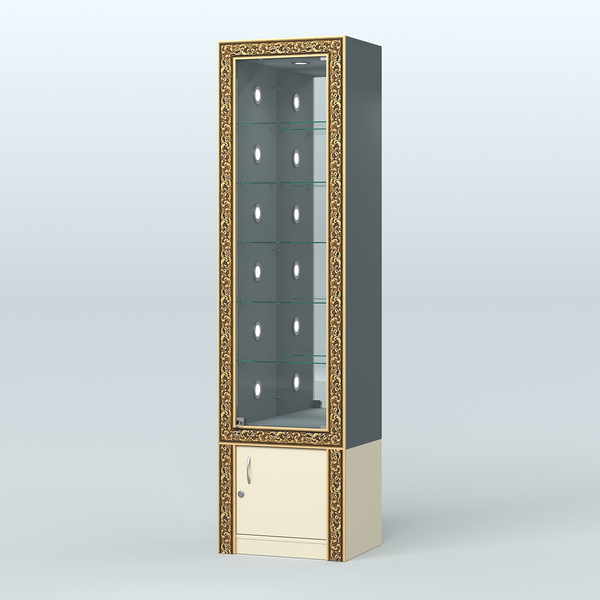 Витрина с декором и стеклянными полками №ВБА-504С Темно-серый и Крем Вайс U2601-U2236