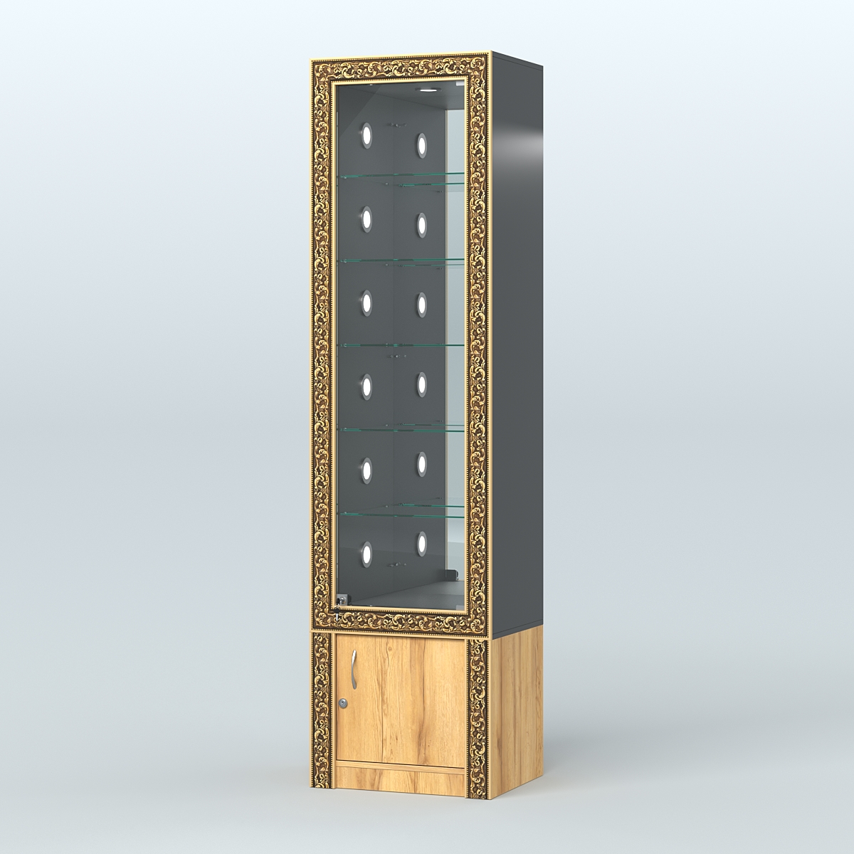 Витрина с декором и стеклянными полками №ВБА-504С Черный и Дуб Золотистый U1148