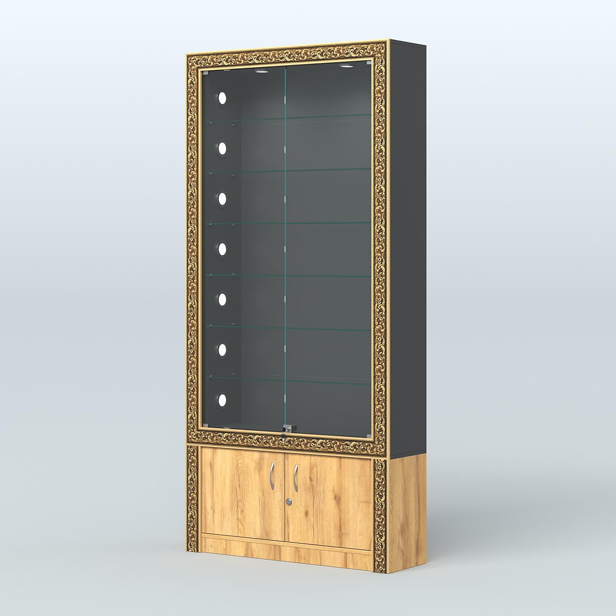 Витрина с декором и стеклянными дверками №ВБА-31С Черный и Дуб Золотистый U1148