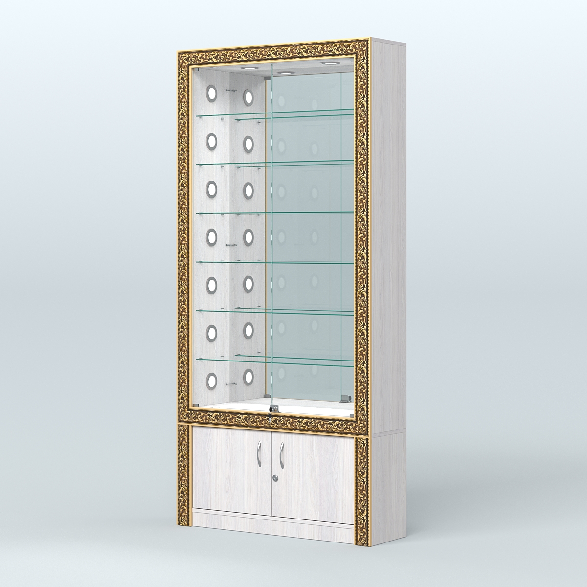 Витрина с декором и зеркальной задней стенкой №ВБА-32С Ясень Анкор светлый