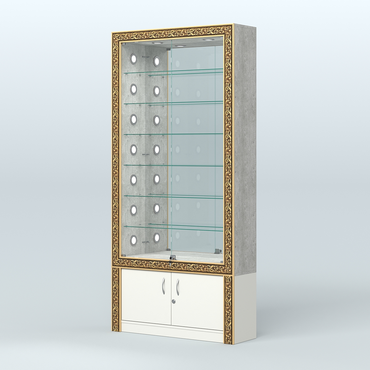 Витрина с декором и зеркальной задней стенкой №ВБА-32С Метрополитан Грей + Белый