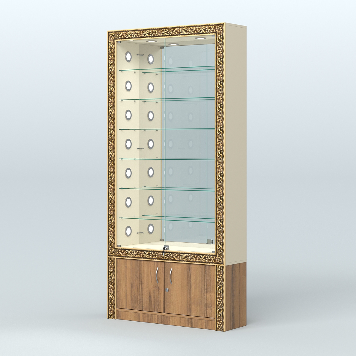 Витрина с декором и зеркальной задней стенкой №ВБА-32С Крем Вайс + Орех