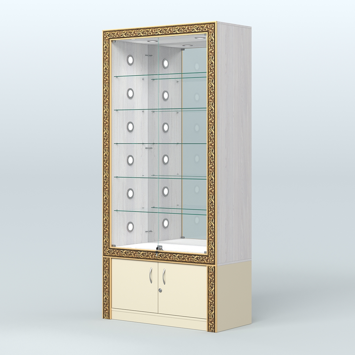 Витрина центральная с декором №ВБА-503С Ясень Анкор светлый и Крем Вайс