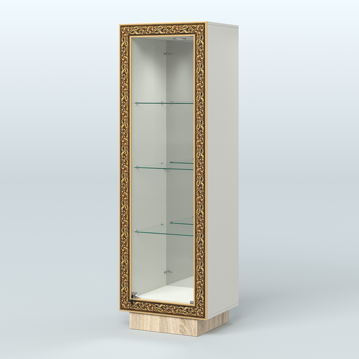 Низкая витрина с декором и тремя прозрачными полками НБА-3 Белый + Дуб Сонома