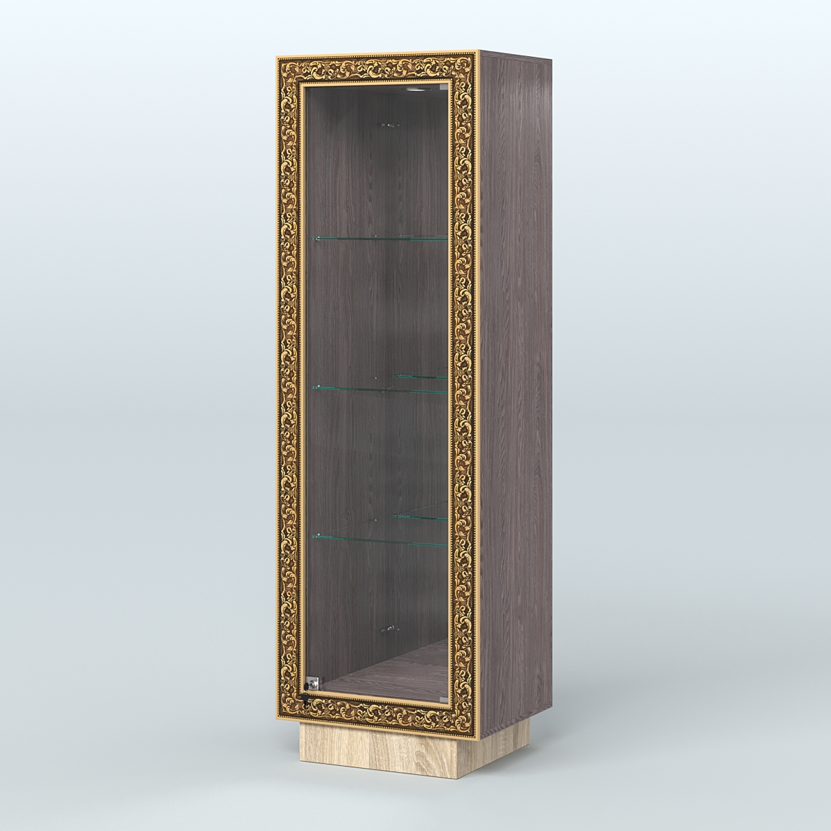 Низкая витрина с декором и тремя прозрачными полками НБА-3 Ясень Анкор темный и Дуб Сонома