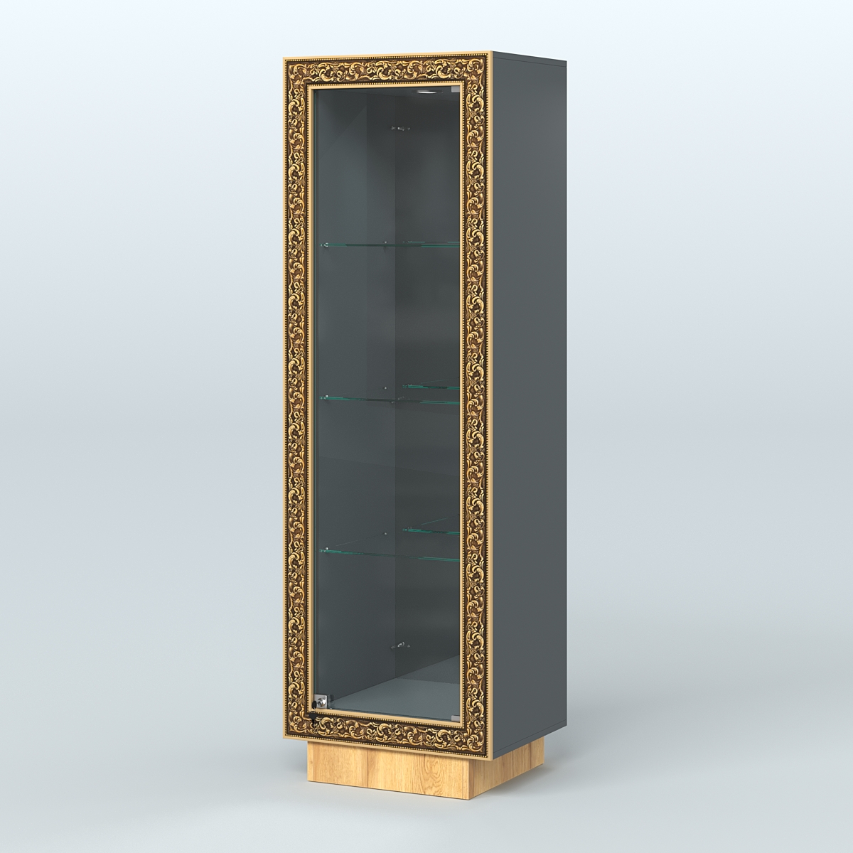 Низкая витрина с декором и тремя прозрачными полками НБА-3 Темно-Серый  + Дуб Золотистый