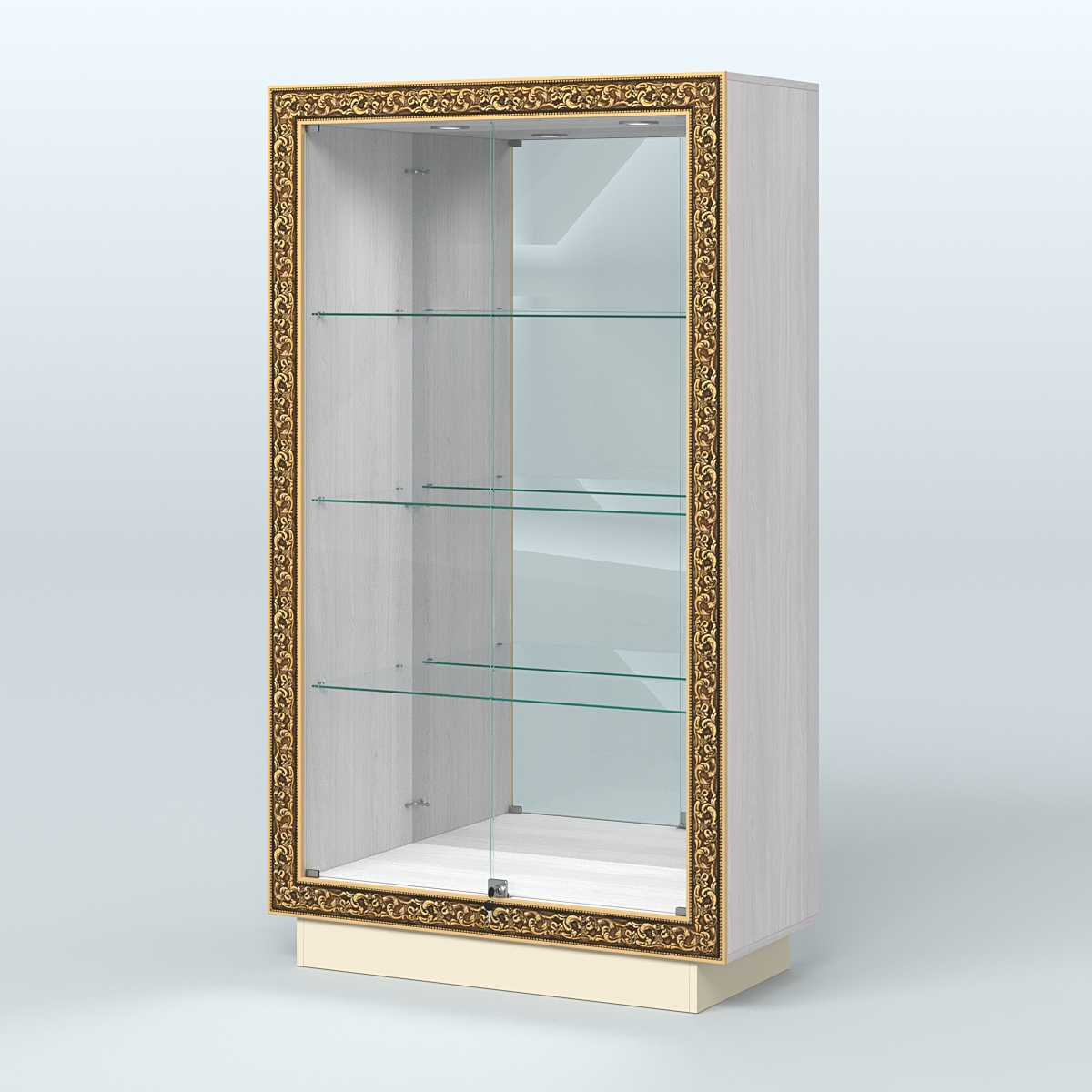 Низкая зеркальная витрина с декором НБА-7 Ясень Анкор светлый и Крем Вайс