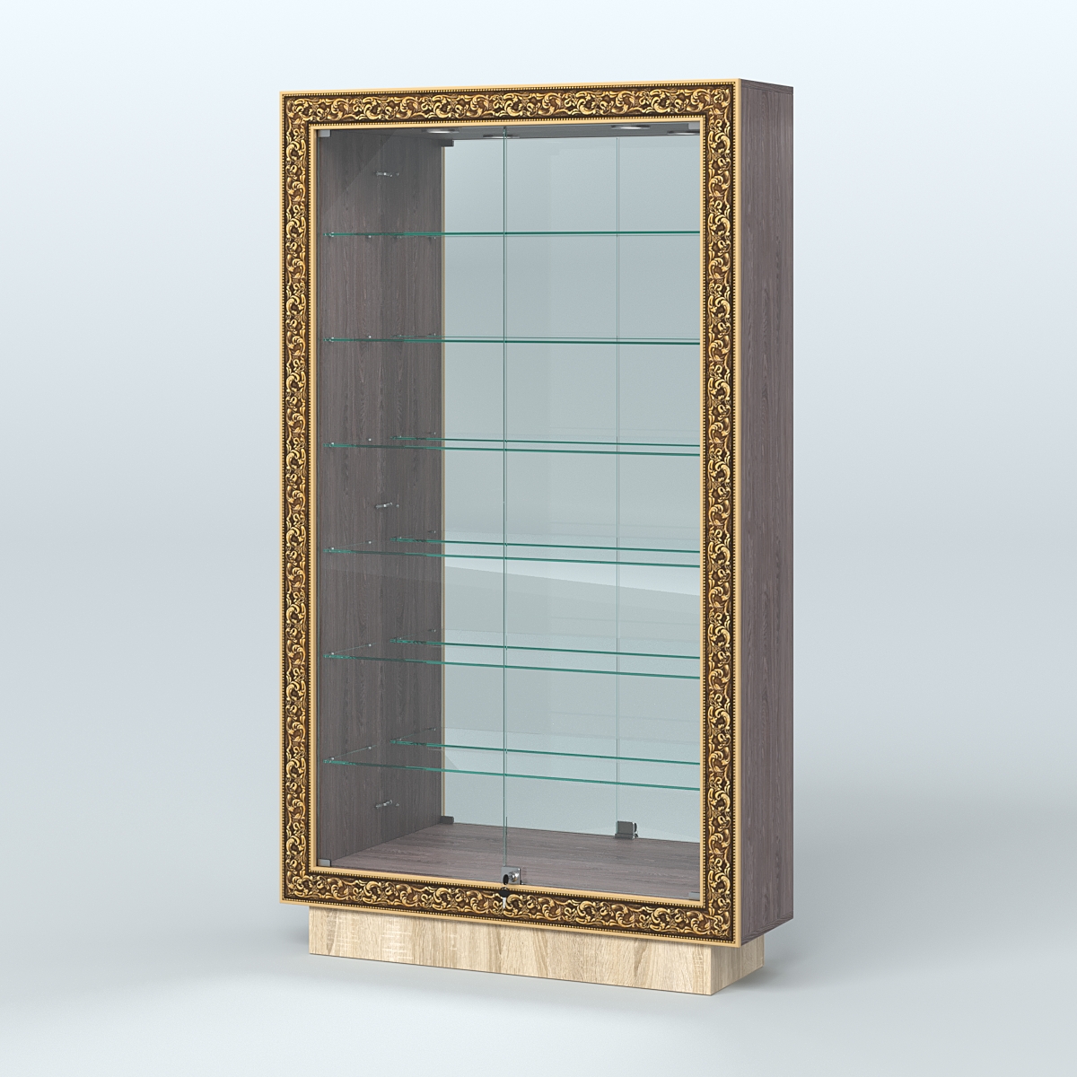 Низкая витрина с декором и узкими полками НБА-11 Ясень Анкор темный и Дуб Сонома