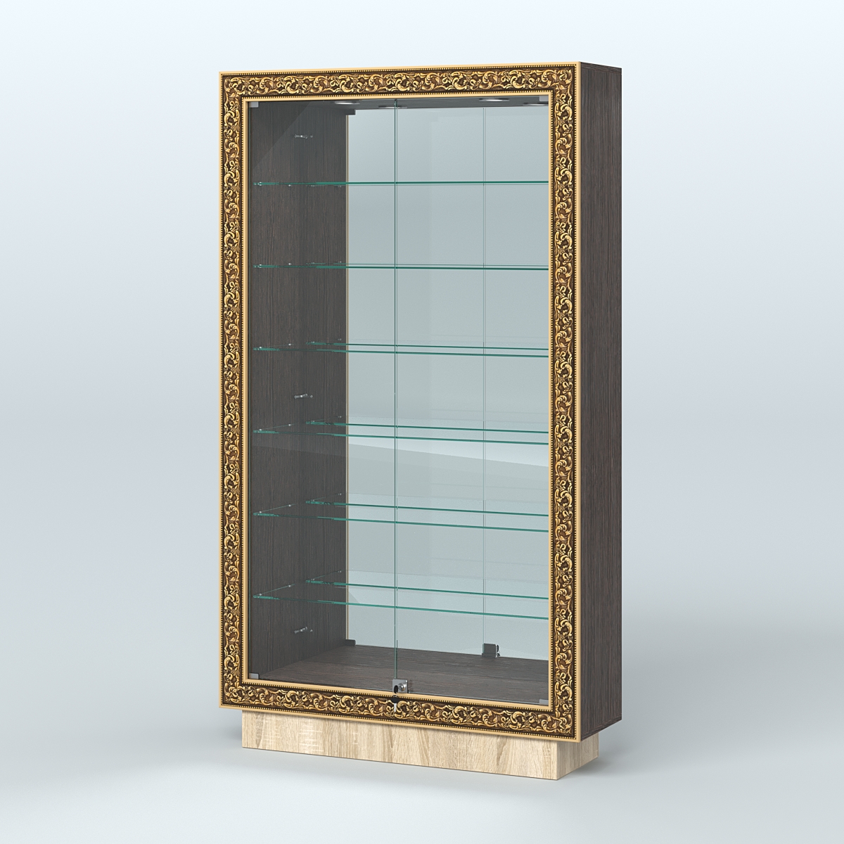 Низкая витрина с декором и узкими полками НБА-11 Дуб Венге + Дуб Сонома