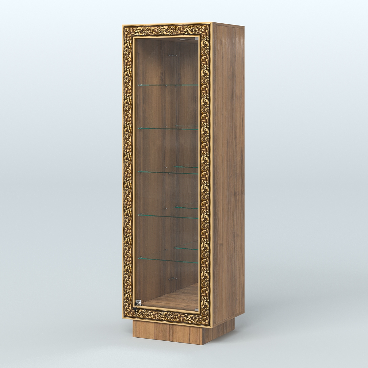 Низкая витрина с декором и пятью прозрачными полками НБА-503 Орех