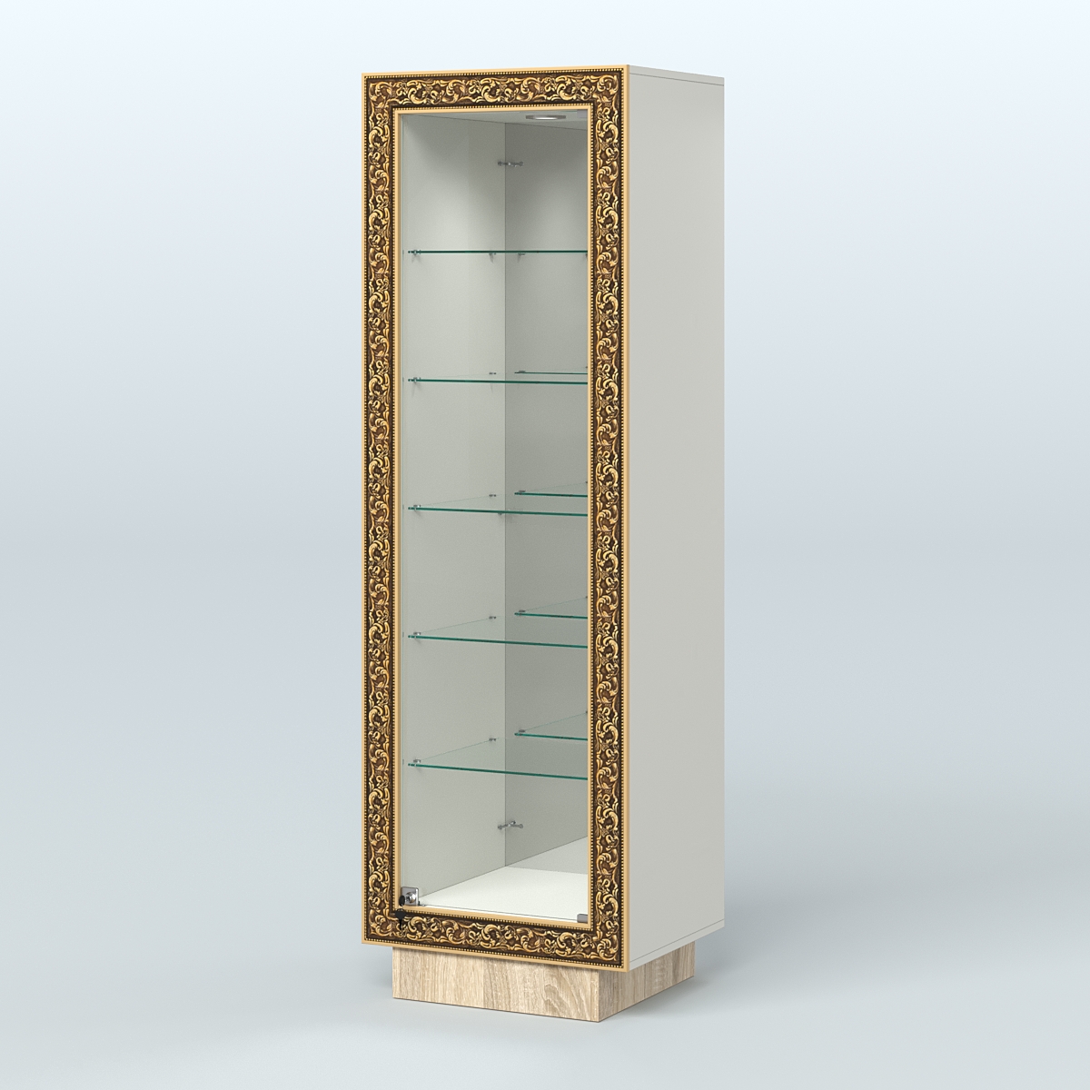 Низкая витрина с декором и пятью прозрачными полками НБА-503 Белый + Дуб Сонома