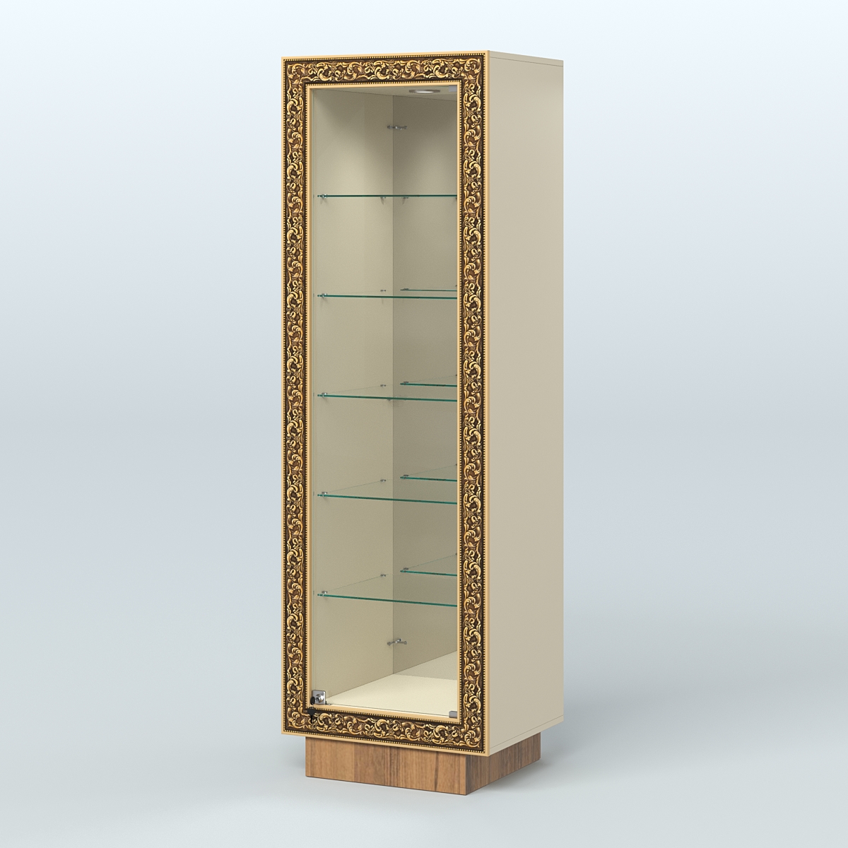 Низкая витрина с декором и пятью прозрачными полками НБА-503 Крем Вайс + Орех