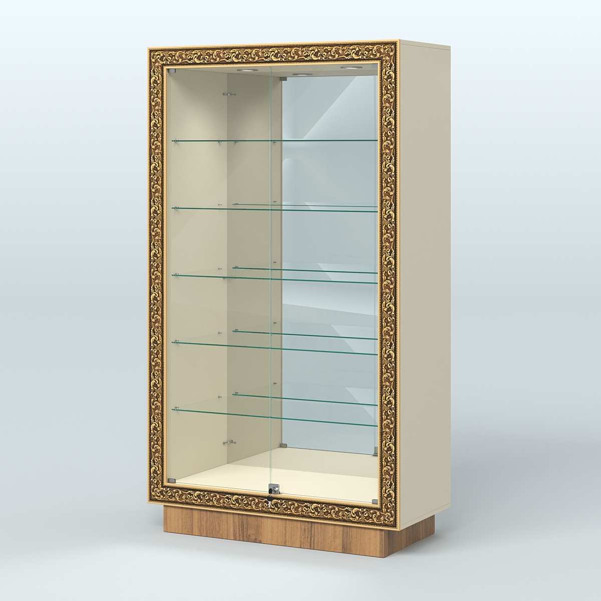 Низкая витрина с декором и задней зеркальной стенкой НБА-507 Крем Вайс + Орех