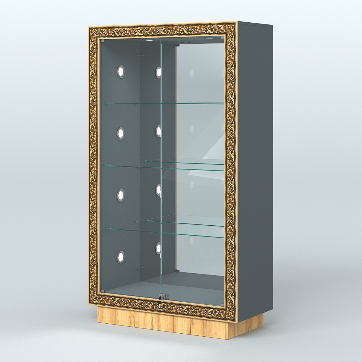 Низкая выставочная витрина с декором НБА-7С Темно-Серый  + Дуб Золотистый
